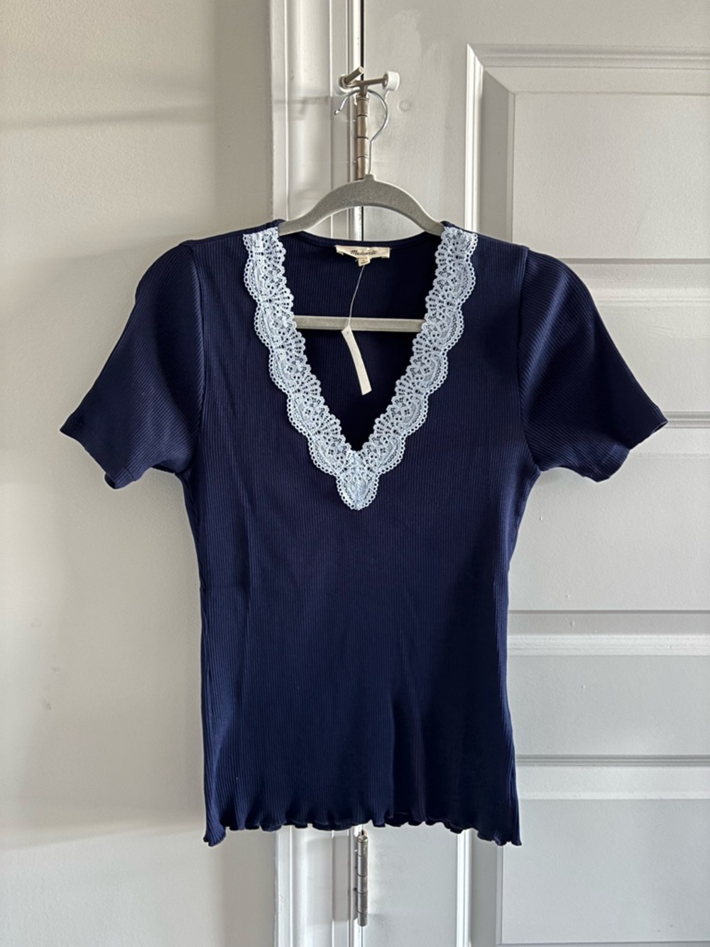MADEWELL NWT Midnight Navy Lace-Trim V-Neck Knit Top - Women Size Large